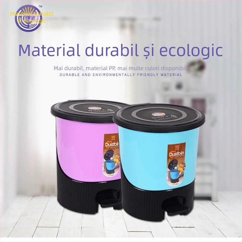 Coș de gunoi din plastic, cu pedală, design cilindric lung, cu capac, 8 L, pentru uz casnic