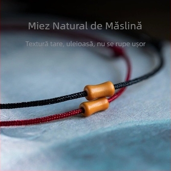 Brățară din lemn lucrată manual, cu sâmbure de măslină, șnur roșu reglabil, design geometric minimalist, unisex