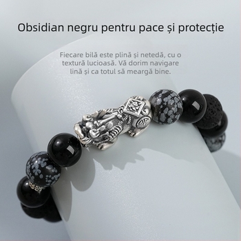 Brățară Pixiu platinată pentru bărbați, brățară din obsidian, stil nou chinezesc, cadou de ziua de naștere pentru iubit