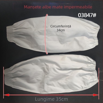Protecții pentru mâneci din material alb mat, impermeabile, cu manșete elastice; protecție de lucru rezistentă la ulei, rezistentă la murdărie; cu manșete din piele, extra-large