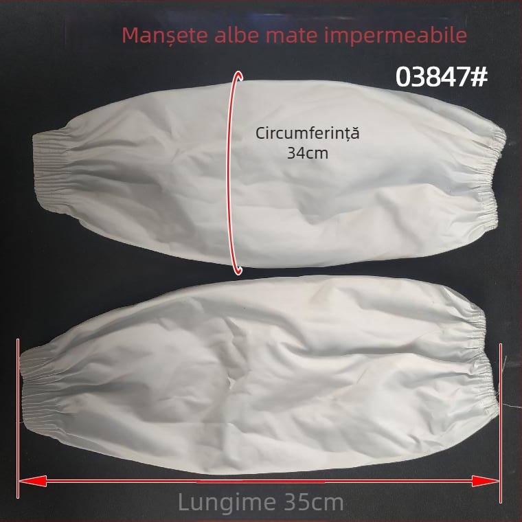 Protecții pentru mâneci din material alb mat, impermeabile, cu manșete elastice; protecție de lucru rezistentă la ulei, rezistentă la murdărie; cu manșete din piele, extra-large