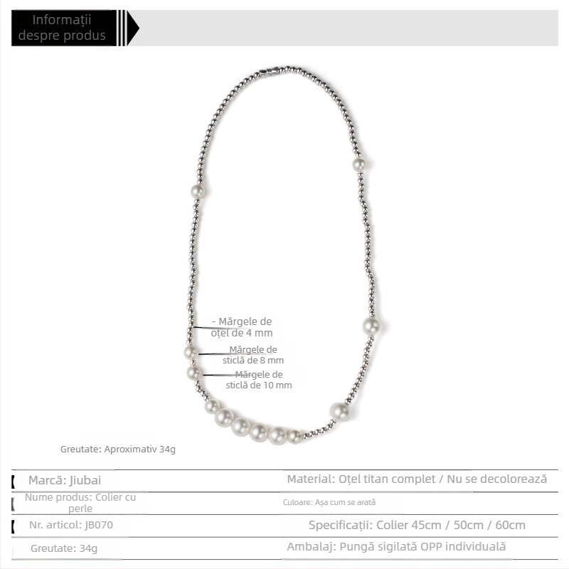 Colier unisex în stil INS, inspirație japoneză-coreeană, accesoriu hip-hop minimalist pentru stradă, din oțel titan cu mărgele sferice și perle