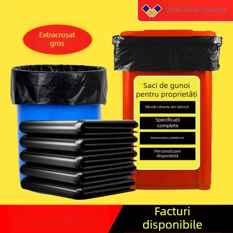 Saci mari negri pentru gunoi, groși, cu deschidere plată, HDPE, de unică folosință, pentru întreținerea proprietăților și catering, utilizare în vrac