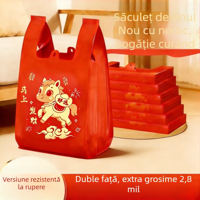 Anul 2026 al Calului, pungă din plastic îngroșată cu folie aurie, pungă roșie festivă de cadouri pentru Anul Nou, pungă de curățenie pentru gospodărie în stil vestă