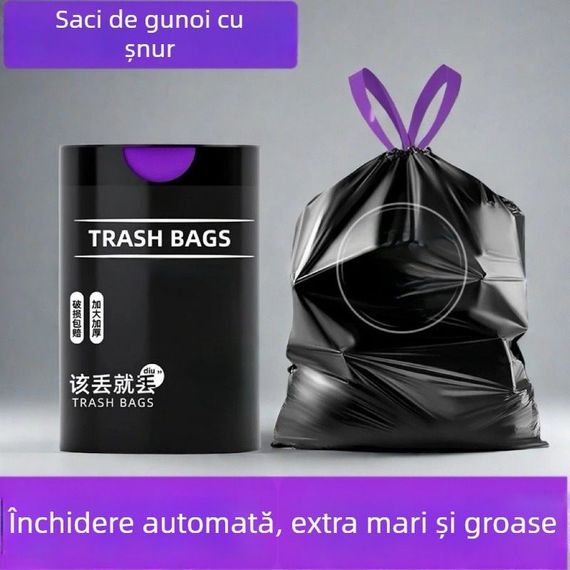 Saci de gunoi cu șnur, extra groși, portabili pentru uz casnic – bucătărie și baie, pungă din plastic de unică folosință