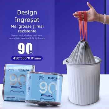 Saci de gunoi cu șnur, 90 de bucăți, din plastic îngroșat, pentru baie, bucătărie, sufragerie și birou, dimensiune mare, fără rupturi