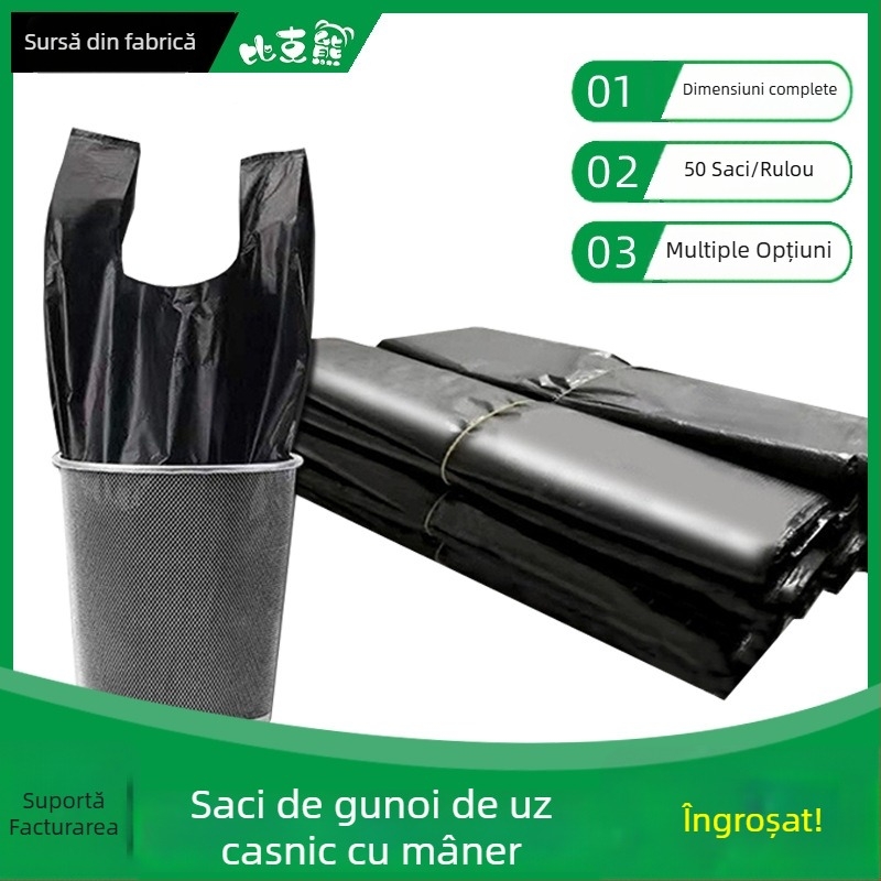Sac de gunoi pentru bucătărie, de unică folosință, îngroșat, cu mâner, din plastic, negru
