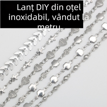 Brățară din oțel inoxidabil cu inimă, stea cu cinci colțuri și mărgele rotunde; șir din oțel titan în stil avion cu motiv de grâu — semi-fabricat