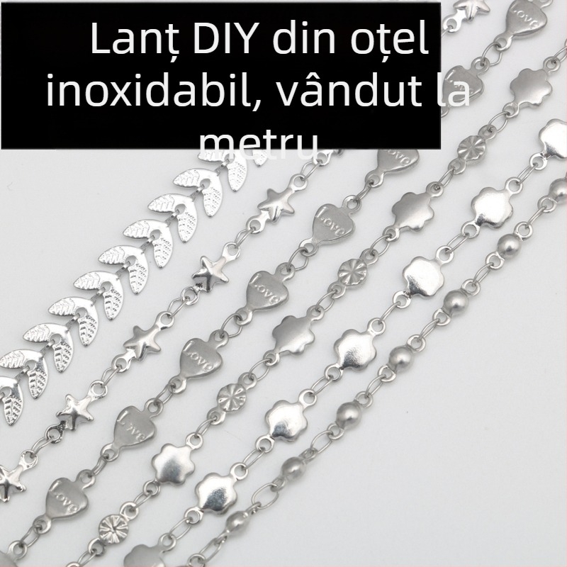 Brățară din oțel inoxidabil cu inimă, stea cu cinci colțuri și mărgele rotunde; șir din oțel titan în stil avion cu motiv de grâu — semi-fabricat