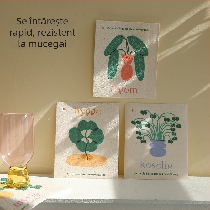 Cârpă de vase din fibre de lemn și bumbac, imprimeu drăguț, moale, absorbantă, dual-use pentru uscat și ud