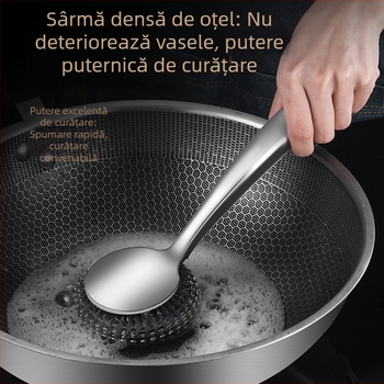 Perie din oțel inoxidabil pentru oale cu mâner lung – burete metalic pentru curățare în bucătărie