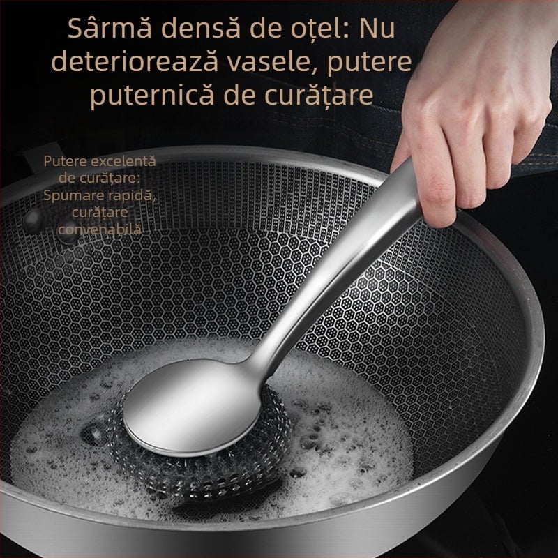 Perie din oțel inoxidabil pentru oale cu mâner lung – burete metalic pentru curățare în bucătărie