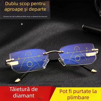 Ochelari de citit fără ramă, pentru vedere de aproape și de departe, cu protecție împotriva luminii albastre, pentru persoane de vârstă mijlocie și în vârstă