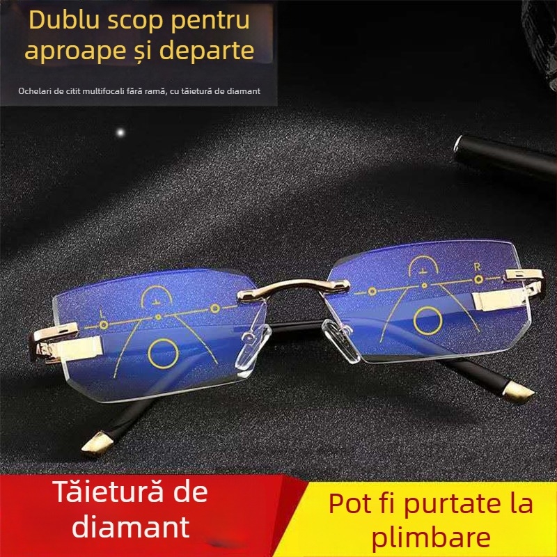 Ochelari de citit fără ramă, pentru vedere de aproape și de departe, cu protecție împotriva luminii albastre, pentru persoane de vârstă mijlocie și în vârstă