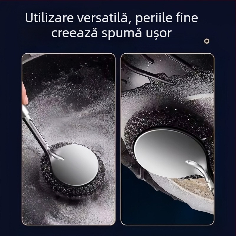 Perie pentru oale din oțel inoxidabil, mâner lung – bilă mare din sârmă de oțel pentru curățare