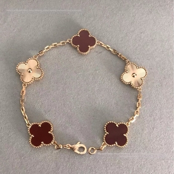 Brățară trifoi cu carnelian natural, rezistentă la decolorare, placare V-gold, accente laser, placare groasă cu aur roz de 18K, unisex