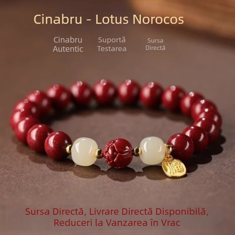 Brățară handmade din cinnabar cu pandantiv lotus pentru noroc, cu mărgele din jad alb, nisip purpuriu de aur cu conținut ridicat, pentru noroc în anul nașterii