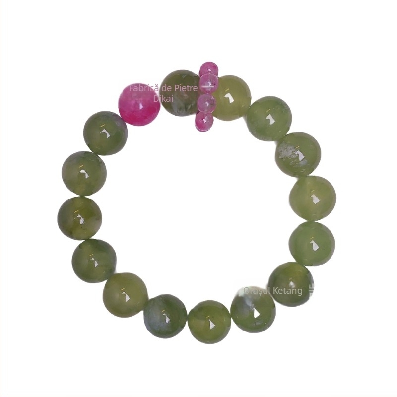 Brățară naturală din Xiuyan Jade cu jad verde, Xiuyan Jade în nuanțe lăptoase și agată roz-cristal