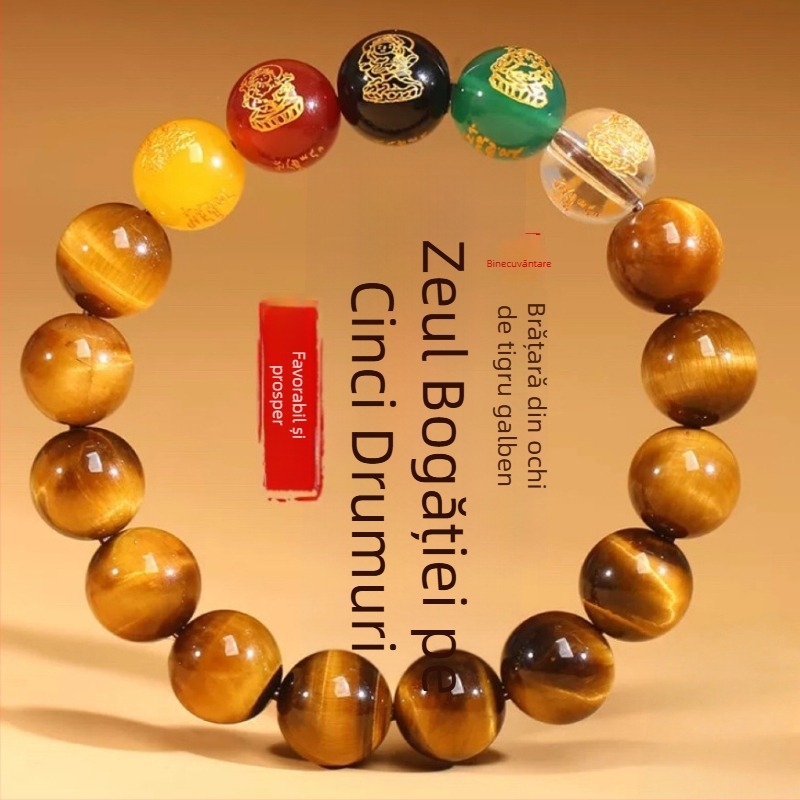 Piatră ochi de tigru galben naturală, cinci zei ai bogației, cristal agat, brățară unisex cinci elemente multicolore, 8-14mm