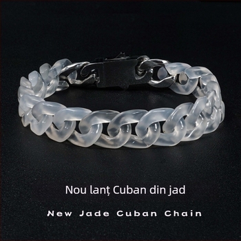 Brățară din agată alb natural, lanț cubanez – unisex, stil hip-hop, bijuterii personalizate din oțel titan