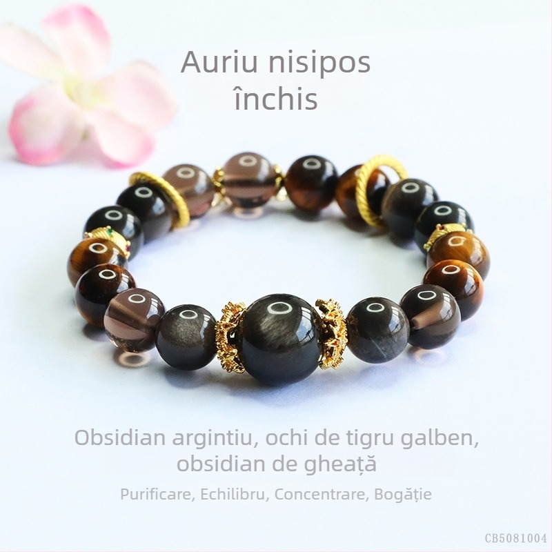 Brățară din obsidian natural argintiu și ochi de tigru, mărgele de cristal, țesută manual, unisex, stil retro