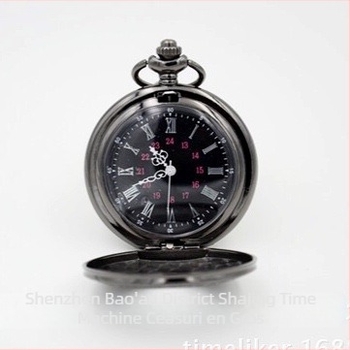 Ceas de buzunar mare negru, stil roman antic, capac rabatabil, cuarț, unisex, cu lanț de talie