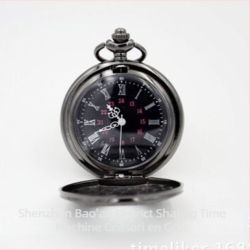 Ceas de buzunar mare negru, stil roman antic, capac rabatabil, cuarț, unisex, cu lanț de talie