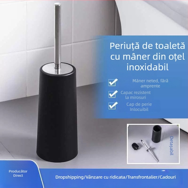 Perie de toaletă cu tijă din oțel inoxidabil, detașabilă cu bază, mâner lung, antibacteriană și anti-mucegai, design discret