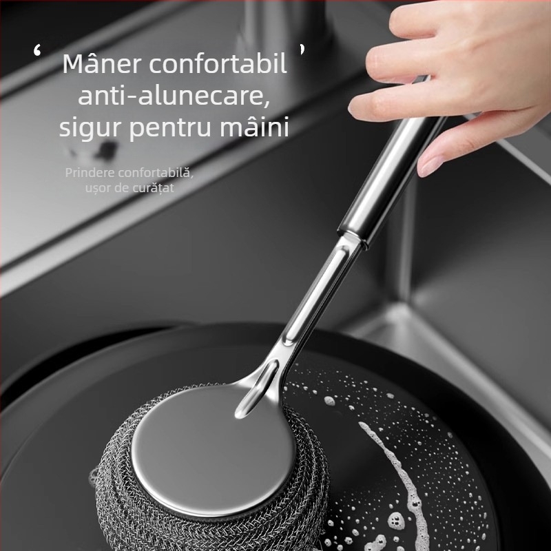 Perie pentru oale cu mâner lung, din oțel inoxidabil, cu bilă de sârmă din oțel pentru curățare