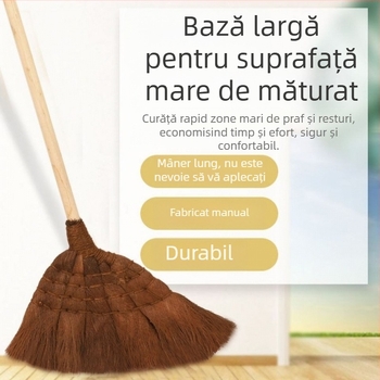 Mătură de casă maro, cu mâner din lemn, stil vechi, perie din păr natural, pentru utilizare în exterior, în școli, fabrici și ateliere.