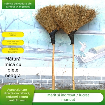 Mătură din bambus cu peri tari, tradițională pentru drumuri și șantiere, mâner negru