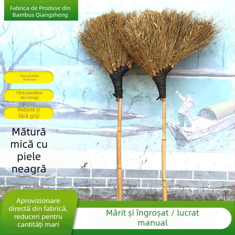 Mătură din bambus cu peri tari, tradițională pentru drumuri și șantiere, mâner negru