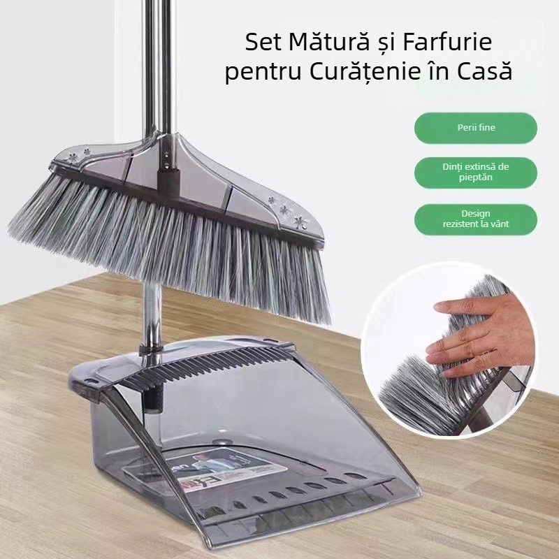 Set transparent pentru măturat, pentru uz casnic, cu mătură din peri moi și cap anti-aderent pentru o curățare facilă