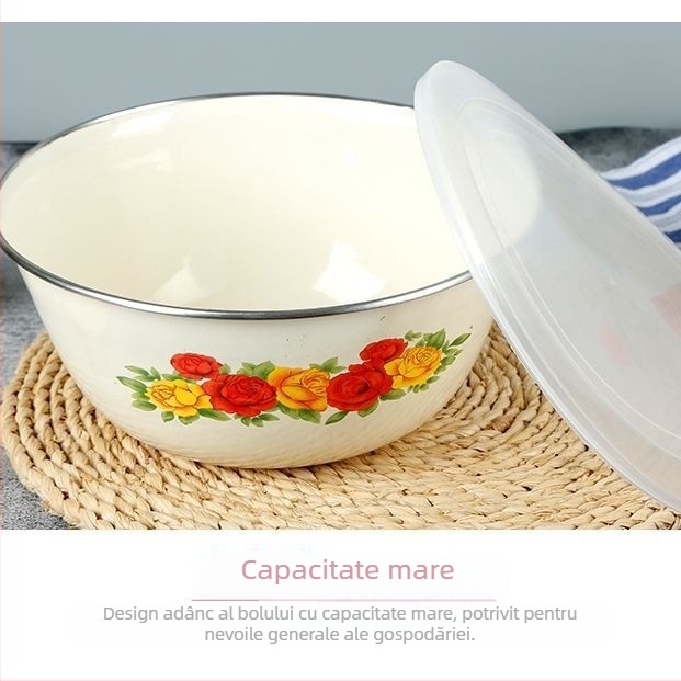 Vas emailat gros cu capac, pentru bucătărie; potrivit pentru supe, paste, salate și amestecare; design clasic nostalgic