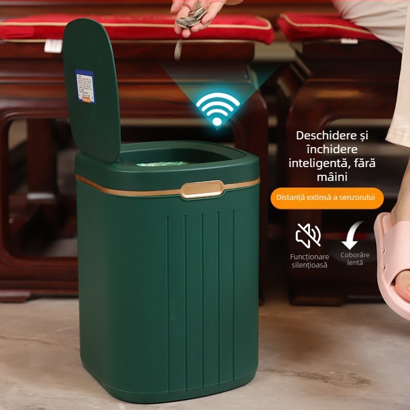 Coș inteligent cu senzor și capac, pentru living și dormitor, complet automat, electric, capacitate 13–17 L, formă pătrată, plastic, clasificare în mai multe zone – Tron Mija CMJ-01