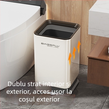 Coș de gunoi din oțel inoxidabil, aspect premium, 12L, dublu nivel, fără capac, pătrat, pentru uz casnic (bucătărie și baie), cu inel de presiune