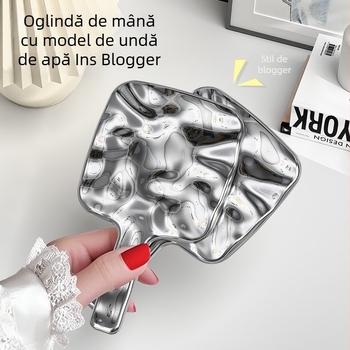 Oglindă cu mâner în model valuri de apă, argintie, oglindă de machiaj portabilă, pătrată, HD pentru birou