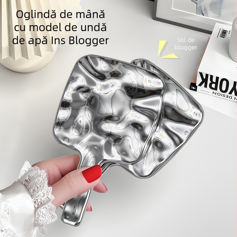Oglindă cu mâner în model valuri de apă, argintie, oglindă de machiaj portabilă, pătrată, HD pentru birou