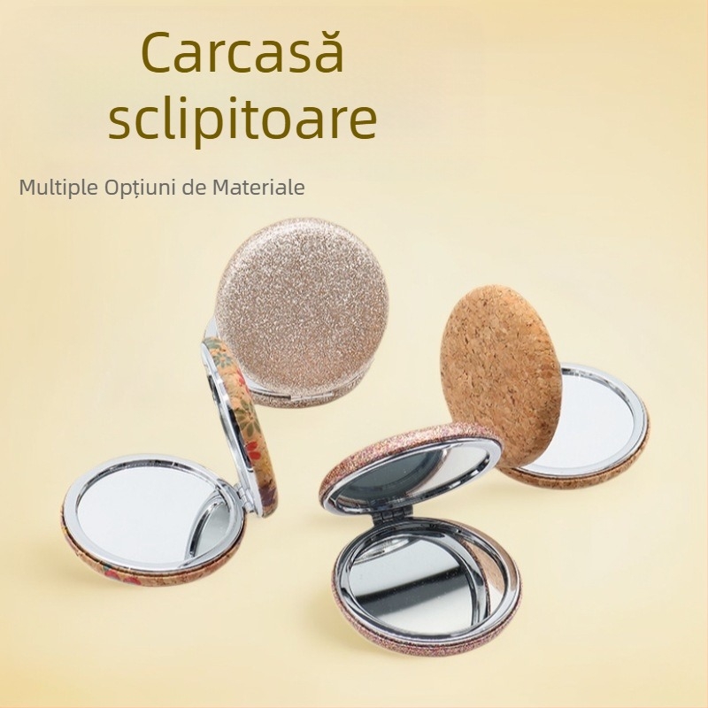 Oglindă de machiaj rotundă, portabilă, pliabilă, cu sclipici