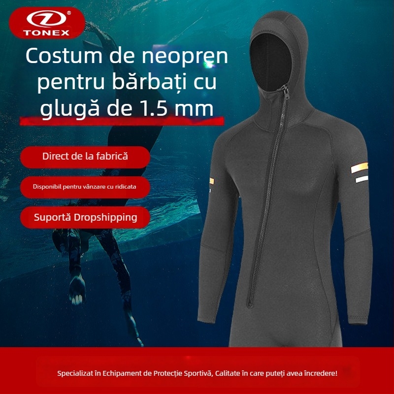Costum de neopren 1,5 mm cu glugă pentru bărbați, pentru scufundări, snorkelling și surfing – călduț, cu fermoar