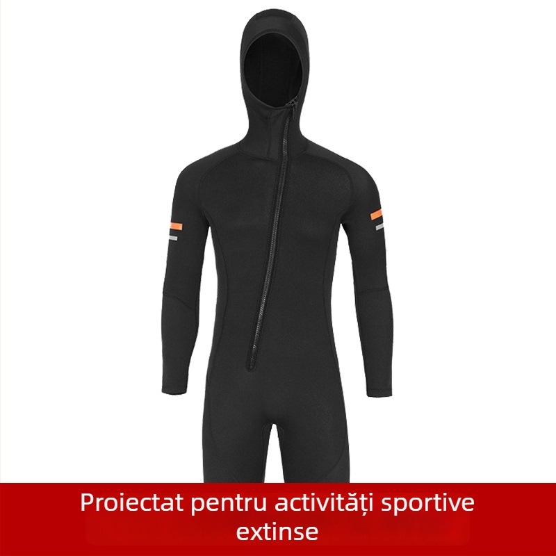 Costum de neopren 1,5 mm cu glugă pentru bărbați, pentru scufundări, snorkelling și surfing – călduț, cu fermoar