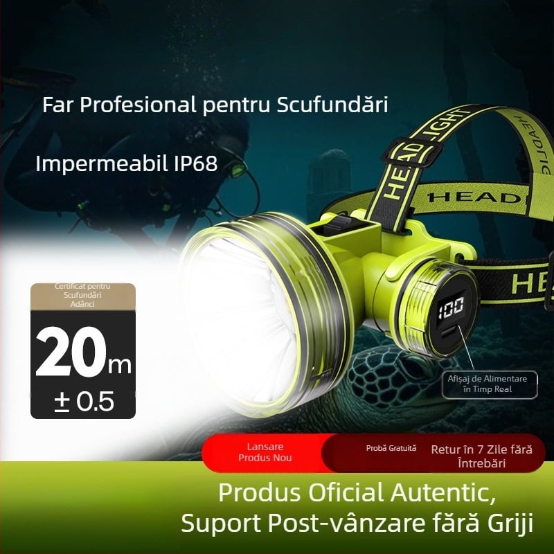 Lampa frontală pentru scufundări, impermeabilă, ultra-luminoasă, pentru utilizare în exterior și sub apă