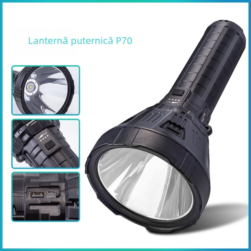 Faro LED de urgență 50W, model P70, cu afișaj de putere, portabil, fascicul lung