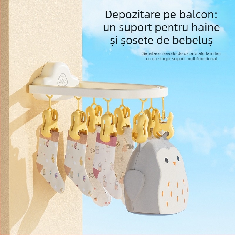 Uscător de haine pe perete pentru bebeluși, cu clipsuri, fără găuri, design în formă de nor, pentru balcon, cu mai multe brațe, pliabil