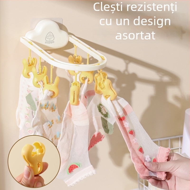Uscător de haine pe perete pentru bebeluși, cu clipsuri, fără găuri, design în formă de nor, pentru balcon, cu mai multe brațe, pliabil
