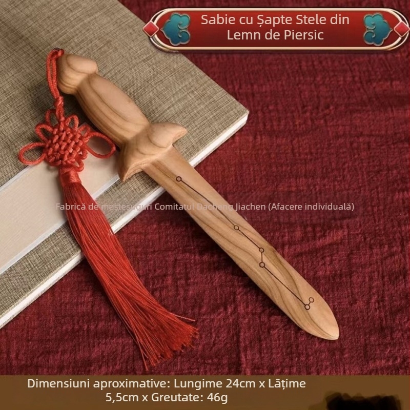 Lemn de piersic – sabie cu șapte stele, sabie miniaturală gravată pentru copii, pandantiv din lemn
