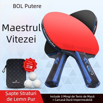 Boli F02 Rachetă de tenis de masă pentru începători, lemn solid, gumă anti-adezivă cu burete, set cu 2 rachete și 3 mingi, lamelă cu 7 straturi