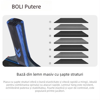 Boli F02 Rachetă de tenis de masă pentru începători, lemn solid, gumă anti-adezivă cu burete, set cu 2 rachete și 3 mingi, lamelă cu 7 straturi