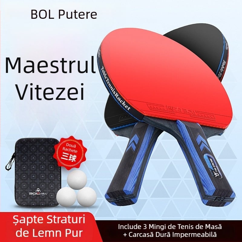Boli F02 Rachetă de tenis de masă pentru începători, lemn solid, gumă anti-adezivă cu burete, set cu 2 rachete și 3 mingi, lamelă cu 7 straturi