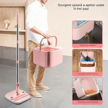 Mop rotativ auto-susținător cu cap pătrat la 90°, pliabil, microfibră